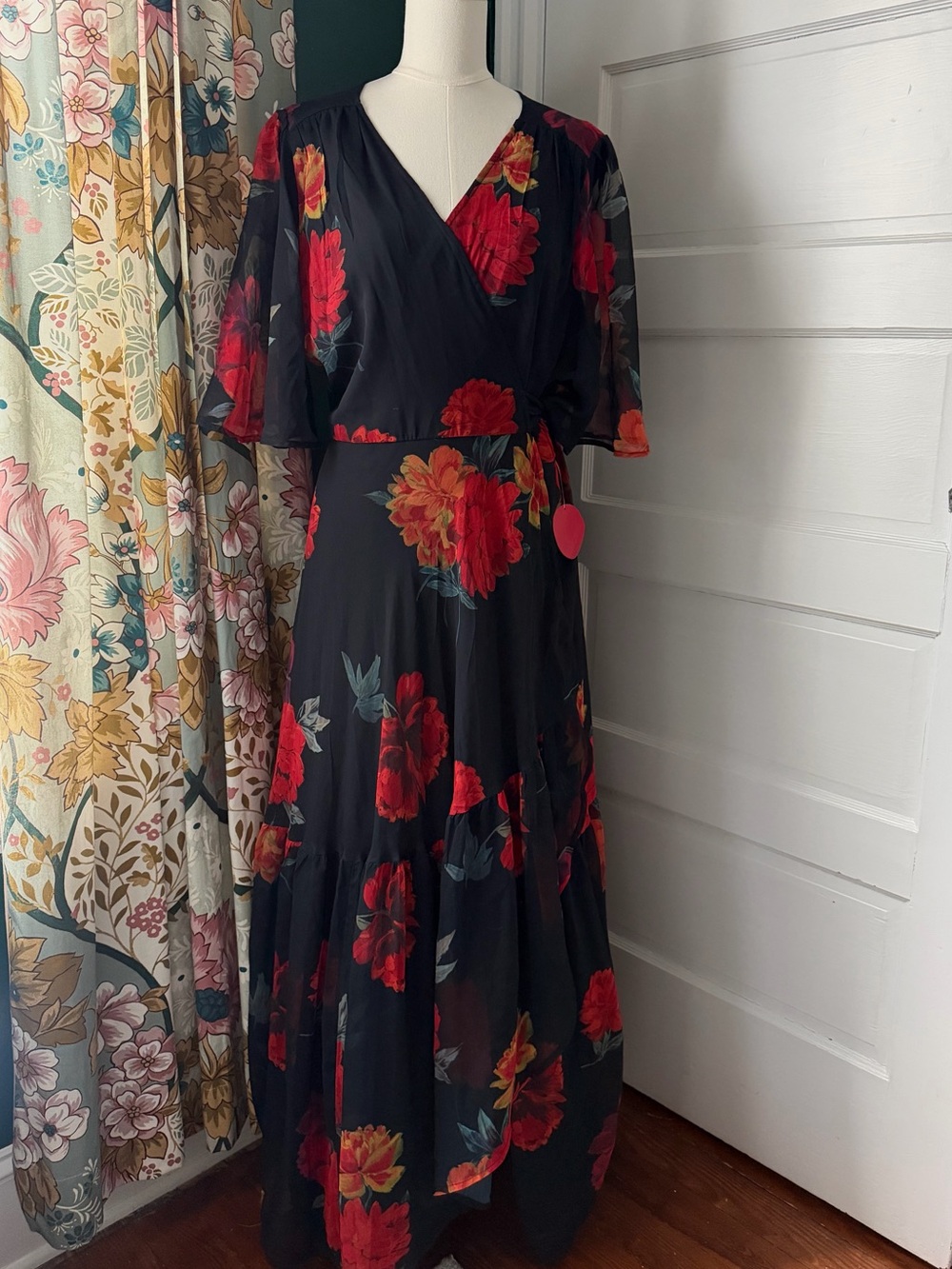Hope & Ivy Wrap Ruffle Hem Maxi Dress in Black with Red Floral Details